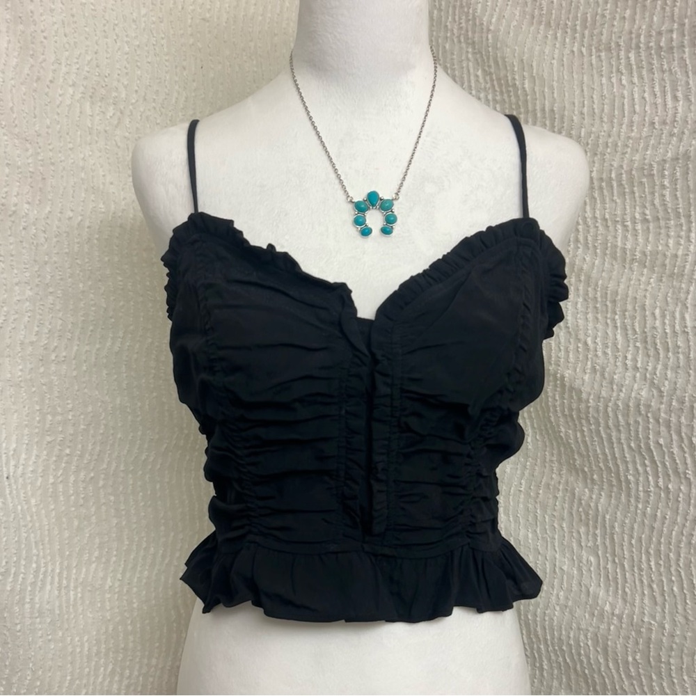 ASTR Black Tank Size Medium Crop Top Ruffle Ruched Blouse Chic